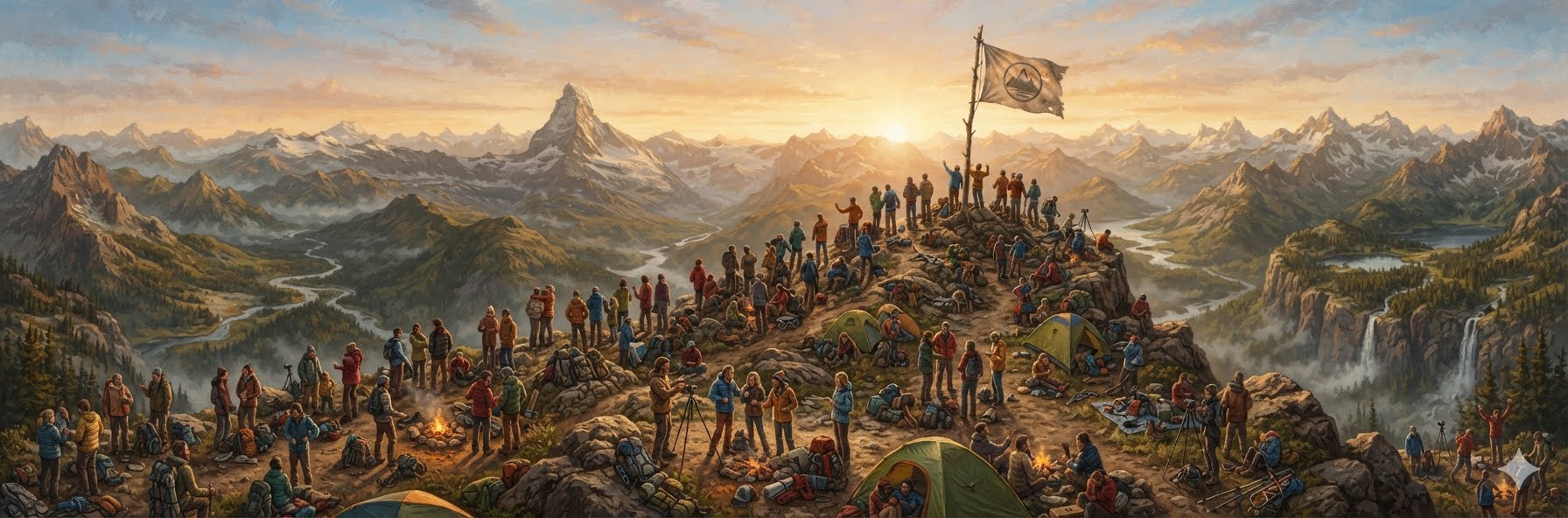 A painterly sunrise over a mountain summit crowded with hikers